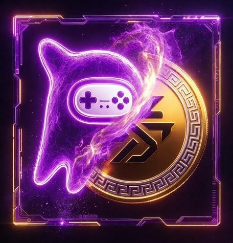The image features a purple-shirted character with a gaming controller, surrounded by neon lights that create an ethereal glow. The character appears to be floating or hovering above a golden coin, which has a unique design featuring a black "X" on its surface. The background is dark and filled with neon lights, creating a futuristic atmosphere. The image also contains text elements related to gaming and NFTs, suggesting that the scene might be part of an online gaming community or a discussion about digital art and collectibles.