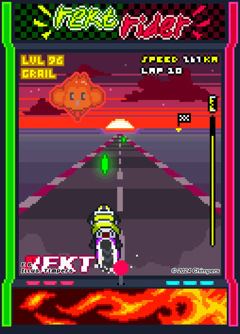 A pixel art racing game screenshot titled 'CRYPTO FRIDAY' shows a character on a motorcycle speeding down a road at sunset, with a 'BITCOIN NEXT' sign and lap stats visible.