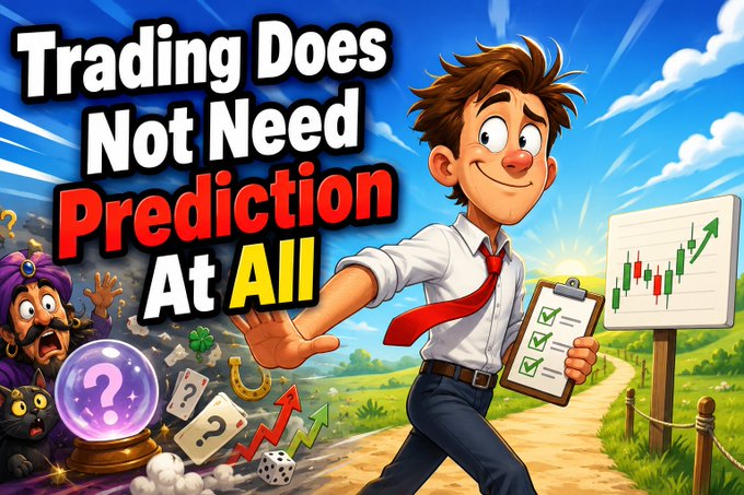 Cartoon-style graphic with the text 'Trading Does Not Need Prediction At All,' depicting a smiling man in a shirt and red tie holding a checklist, contrasted against a fortune teller with a crystal ball on the left side.