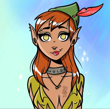 An anime-style digital illustration of an elf-like woman with pointed ears, long red hair, yellow eyes, and a green hat with a feather, wearing a tribal-style necklace and top. The image appears to be a profile picture (PFP) from the MetaVixensNFT collection, which the post references as accompanying this character.