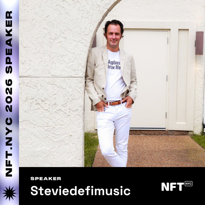 A speaker spotlight promo for NFT.NYC 2026 features Steviedefimusic, who is shown standing outdoors in a beige blazer, white t-shirt with "Asplaus hruw Mo" text, and white pants. Text overlays read "NFT.NYC 2026 SPEAKER" and "Steviedefimusic," promoting his appearance at the September 1-3 event as founder of Stub3.