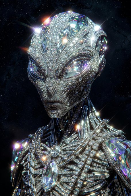 An artistic rendering of an alien figure entirely covered in sparkling diamonds and gemstones against a starry space background.