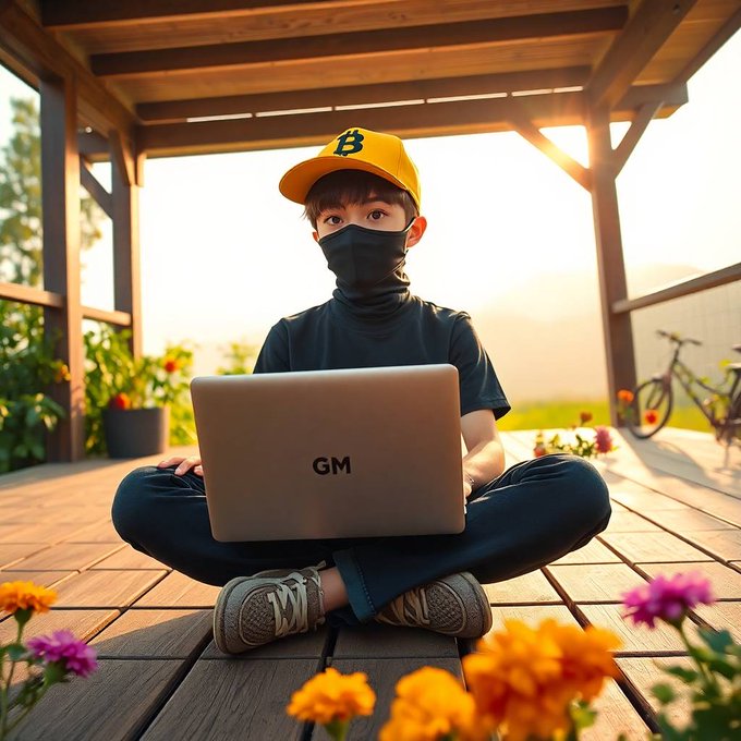 A young person wearing a yellow cap with a 'B' logo and a black face covering sits cross-legged on a wooden deck, using a laptop labeled 'GM' surrounded by flowers.