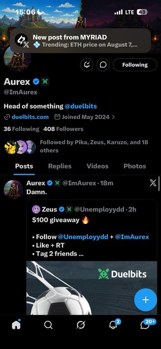 A Twitter/X profile for 'Aurex @ImAurex' showing a post saying 'Damn.' and a retweet of a '$100 giveaway' from @Unemployydd tagged with @ImAurex.