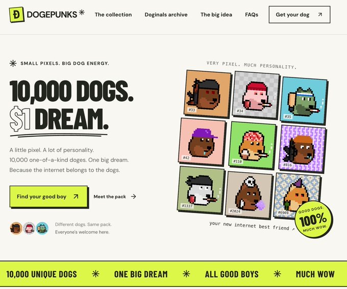A website homepage for 'DOGEPUNKS' featuring pixel-art dog NFT characters in a grid, with the tagline '10,000 DOGS. $1 DREAM.' and navigation links for 'The collection', 'Doginals archive', 'The big idea', and 'FAQs'.