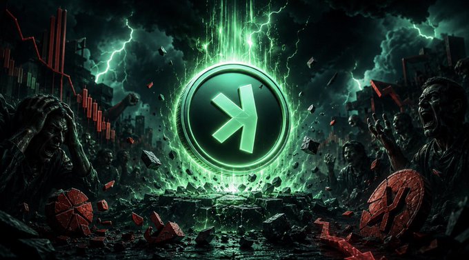 The image features a green circle with an arrow pointing left, surrounded by a group of zombies. The background includes a dark sky filled with lightning bolts, creating a sense of chaos and danger. The text "Kaspa" is also present in the image.