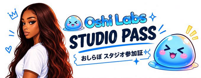 Promotional banner for 'Oshi Labs Studio Pass' featuring a stylized illustration of a woman with long dark hair alongside cute blue mascot characters and Japanese text.