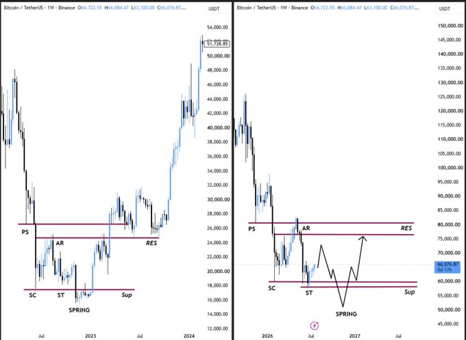 The image shows two side-by-side weekly candlestick charts of BTC/USDT on Binance, both annotated with Wyckoff-style accumulation patterns (PS, SC, ST, AR, Spring, Support, and Resistance levels). The left chart covers 2022–2024 highlighting BTC's spring from ~$18K leading to the $51,728 rally, while the right chart projects a similar spring setup toward 2027 with a target marked near $70K and a support zone around $55K, aligning with the post's call for a relief rally to $70K–$72K before a drop to $55K.