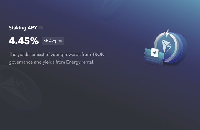 A dark blue digital interface showing 'Staking APY 4.45%' with text explaining yields from TRON governance and Energy rental.