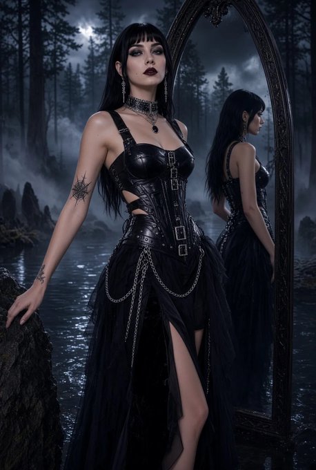 A digital illustration of a dark-haired woman in a black gothic corset dress standing before an ornate mirror in a misty, moonlit forest.