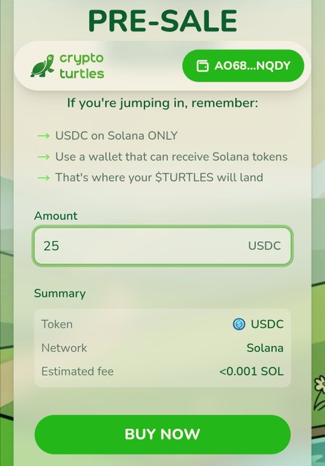 A pre-sale purchase screen for $TURTLES tokens shows a 25 USDC buy order via the Crypto Turtles platform on the Solana network, with the destination wallet address AQ68...NQDY displayed and a "BUY NOW" call-to-action button, illustrating the author's first purchase at buy.cryptoturtles.com.