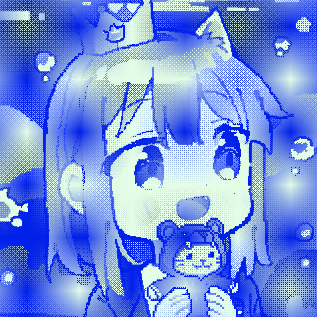 A blue and white pixel art style illustration of an anime-style character with cat ears holding a small bear toy.