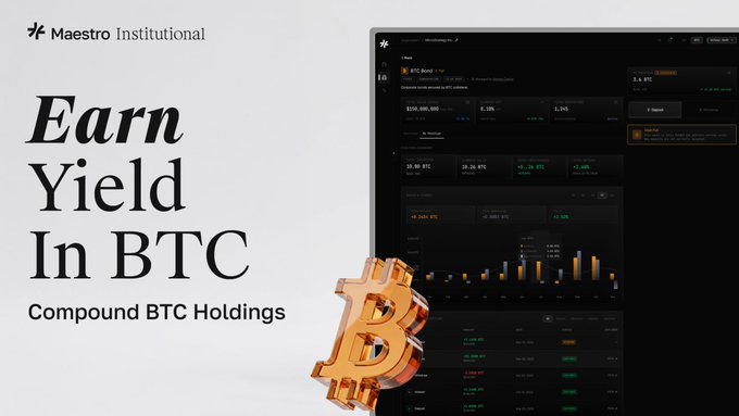 The image features a computer screen displaying a chart with Bitcoin prices, along with an orange coin shaped like a Bitcoin symbol sitting next to the chart. Below this display, there is text that reads "Earn Yield In Btc Compound Interest". The main focus of the image is on the chart and the coin, which are related to the concept of earning interest in Bitcoin trading.