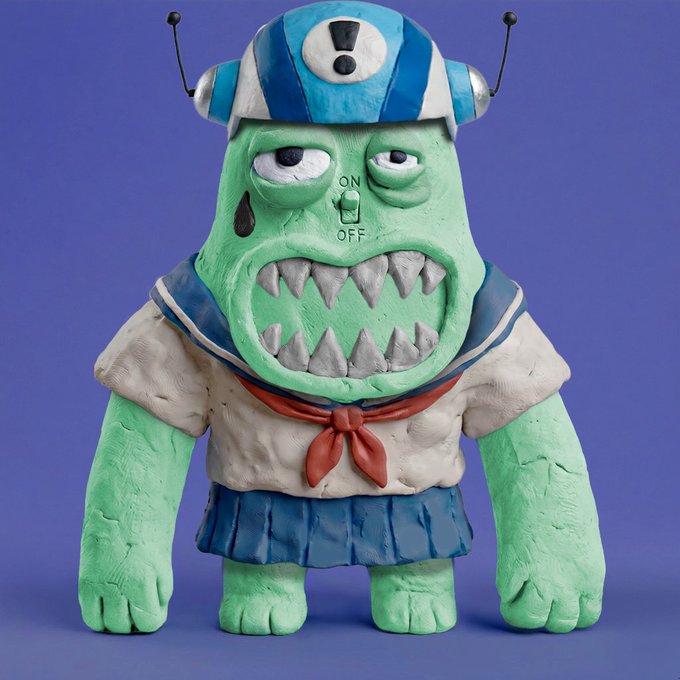 A green clay sculpture of a monstrous cartoon character wearing a blue and white cap with antennas, a sailor-style outfit with red neckerchief, featuring an 'ON/OFF' switch and a teardrop on its face.