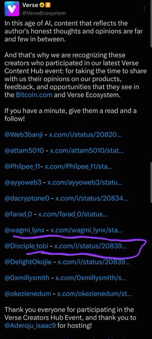 The image shows a Twitter/X post from **Verse (@VerseEcosystem)** celebrating creators who participated in their Content Hub event, with the accompanying post indicating that the user "Disciple_tobi" was among those recognized. The tweet features a list of creator handles including @Web3banji, @attam5010, @Philpee_11, @ayyoweb3, @dacryptone0, @farad_0, @wagmi_lynx, **@Disciple_tobi** (circled in purple), @DelightOkojie, @0xmillysmith, and @okezienedum, all of whom shared honest feedback about Bitcoin and Verse Ecosystem, with the original poster expressing gratitude for winning bounties from Verse Ecosystem and placing 9th in the ManicTrade bounty on Superteam.