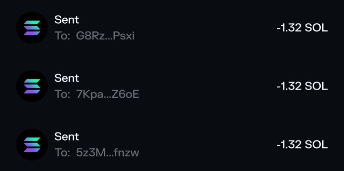 Screenshot of a crypto wallet transaction history showing three sent transactions of -1.32 SOL each to addresses beginning with G8Rz, 7Kpa, and 5z3M.