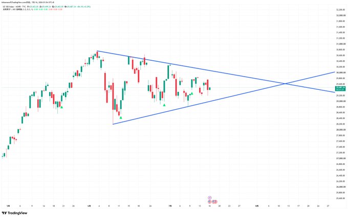 TradingView chart of Bitcoin/US Dollar showing price action with a descending triangle pattern drawn in blue lines, displaying prices in the 25,000-32,000 range with date markers from late June to early August.