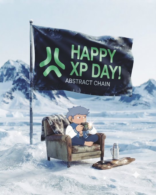 An illustrated promotional graphic for Abstract Chain showing a cartoon character in an armchair holding a mug in a snowy landscape, with a flag reading "HAPPY XP DAY!"