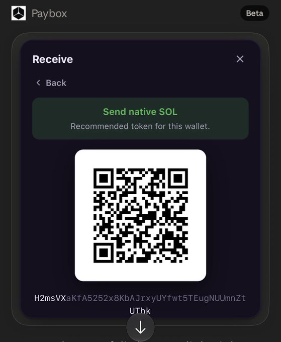 A screenshot of the Paybox app (Beta) showing a 'Receive' screen with a QR code and the recommendation to 'Send native SOL', along with a wallet address beginning with 'H2msVXaKfA5252x8KbAJrxyUYfwt5TEugNUUmnZtUThk'.