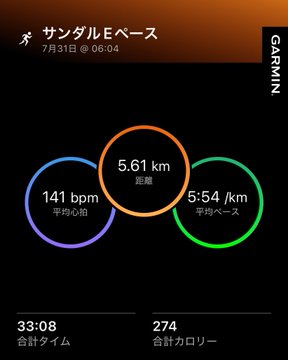 Garmin 'サンデル E ペース' (Sunday E pace) run on July 31 at 06:04, showing 5.61 km distance, 141 bpm average heart rate, 5:54/km pace, 33:08 time, and 274 calories.