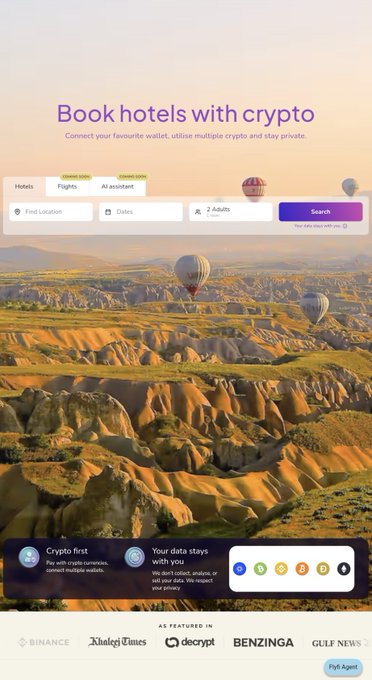 A travel booking website hero screen titled "Book hotels with crypto," showing a Cappadocia landscape with hot air balloons and a search bar offering Flights, AI assistant, location, dates, and 2 Adults options, with a purple "Search" button. Below, panels highlight "Crypto first" payment and data privacy benefits, reinforcing FlyFi's no-account, direct crypto payment model.