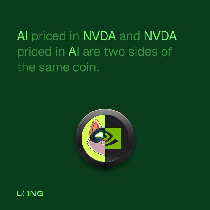 A dark green graphic from LONG features the statement "AI priced in NVDA and NVDA priced in AI are two sides of the same coin," accompanied by a split circular logo combining a cartoon cat face with the green NVIDIA eye logo, visually illustrating the deep interconnection between AI technology and NVDA's stock value.