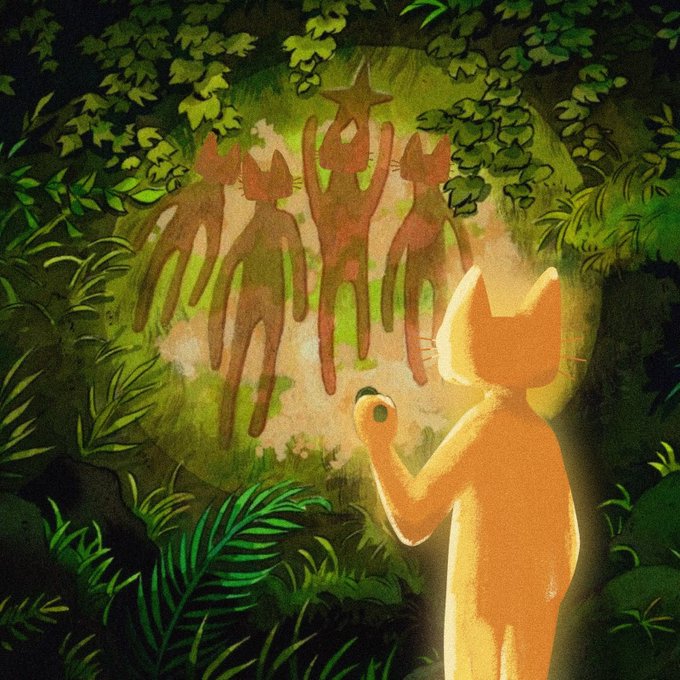An orange cat illuminated by a warm glow gazes at ancient cave paintings depicting cat-like figures beneath a star, evoking a mystical or prophetic scene that ties into the post's theme of the artwork being a foretelling omen for $CETS. The imagery of felines and celestial symbols suggests a cryptic prediction, reinforcing the idea that the drawing foreshadowed something significant.