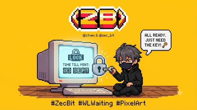 A pixel art illustration shows a masked figure sitting by a computer displaying a lock countdown timer, with text '@z1vex & @zec_bit', '#ZecBit', '#WLWaiting', '#PixelArt', and a speech bubble saying 'ALL READY. JUST NEED THE KEY.'