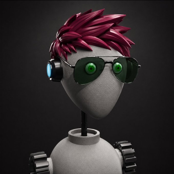 A 3D-rendered robot character with spiky magenta hair, aviator sunglasses with green eyes visible behind them, and a blue mechanical ear piece against a dark background.