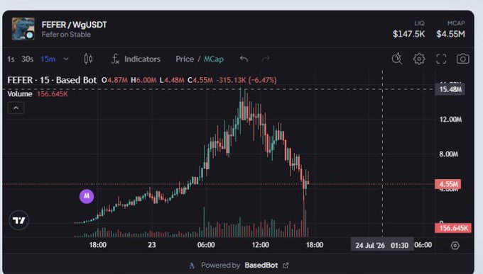 This image shows a cryptocurrency trading chart for FEFER/WgUSDT, featuring a sharp price drop after a period of increase. The post clarifies that "$FEFER is not Tether's official memecoin."