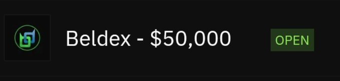 A dark interface banner showing 'Beldex - $50,000' with a green 'OPEN' button.