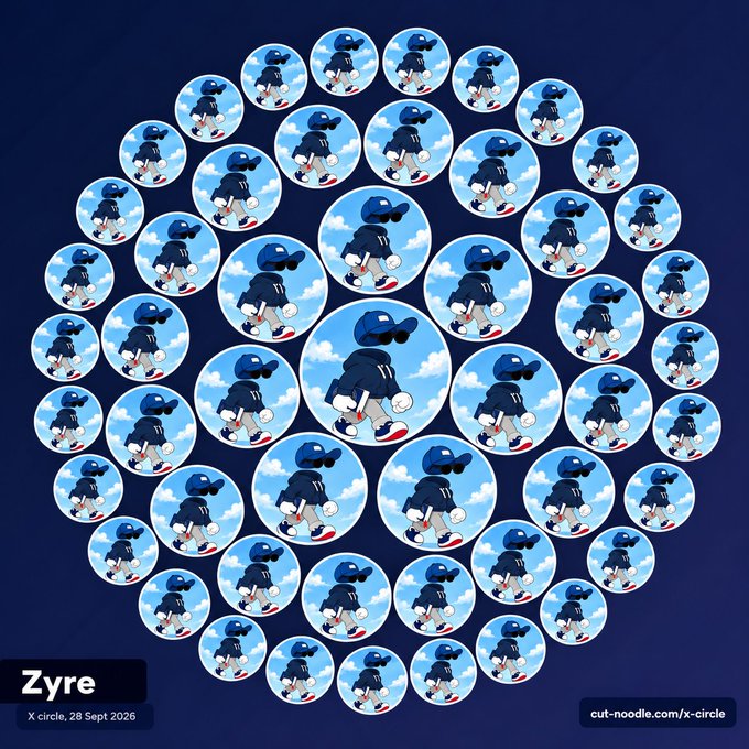 A digital art arrangement by "Zyre" featuring multiple circular portraits of a baseball-uniformed character arranged in a concentric spiral pattern on a dark blue background, dated 28 Sept 2026.
