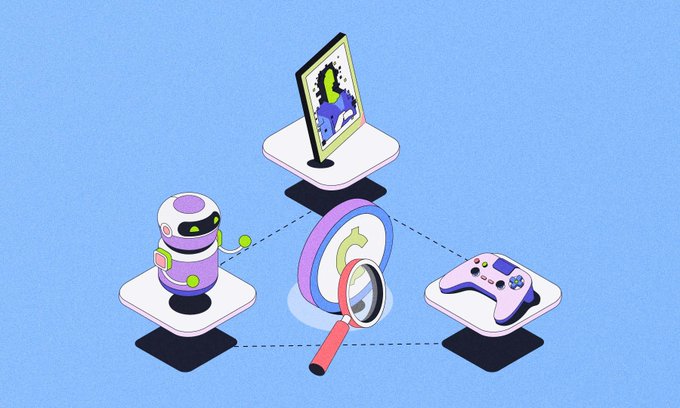 An isometric illustration showing a robot, a framed dinosaur illustration, a magnifying glass over a refresh icon, and a game controller arranged on platforms connected by dashed lines.