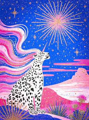 A vibrant illustration of a snow leopard with a flowing pink mane gazing up at a glowing yellow sunburst in a starry, cosmic landscape with pink mountains.