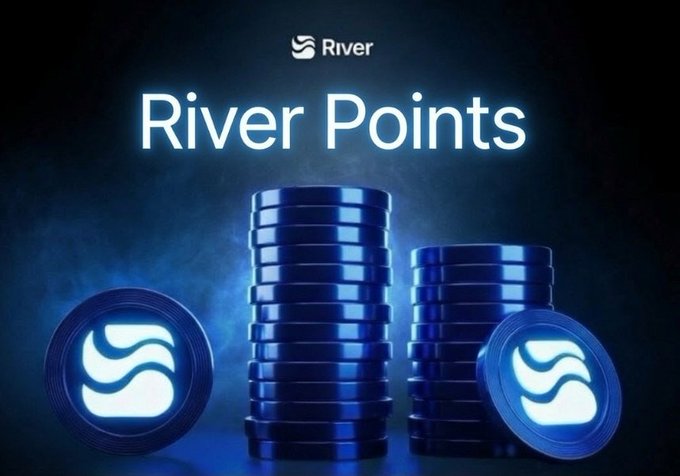 A promotional graphic for "River Points" displaying stacks of dark blue coins embossed with the River logo against a smoky blue background.