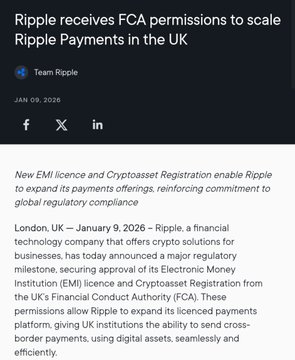 An article from Team Ripple dated January 9, 2026, announces that Ripple received new EMI licence and Cryptobasset Registration from the UK Financial Conduct Authority (FCA), enabling the company to expand its licensed Ripple Payments platform and allowing UK institutions to send cross-border payments using digital assets.
