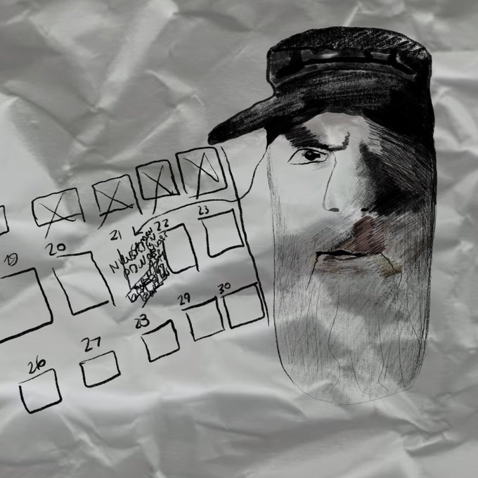 A hand-drawn illustration of a bearded man in a cap next to a calendar grid with numbers 19-30 and some entries crossed out.