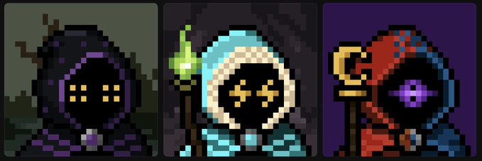 Three pixel-art character icons side-by-side: a purple-cloaked hooded figure, a light-blue hooded mage with a glowing green staff, and a red-and-blue robed figure with a golden staff.