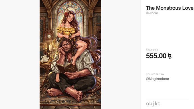 A digital NFT artwork titled 'The Monstrous Love' by @LitKristt depicting a woman sitting on the shoulders of a seated bearded man reading a book, displayed on the objkt marketplace with a sold price of 555.00 tz collected by @kingtreebear.