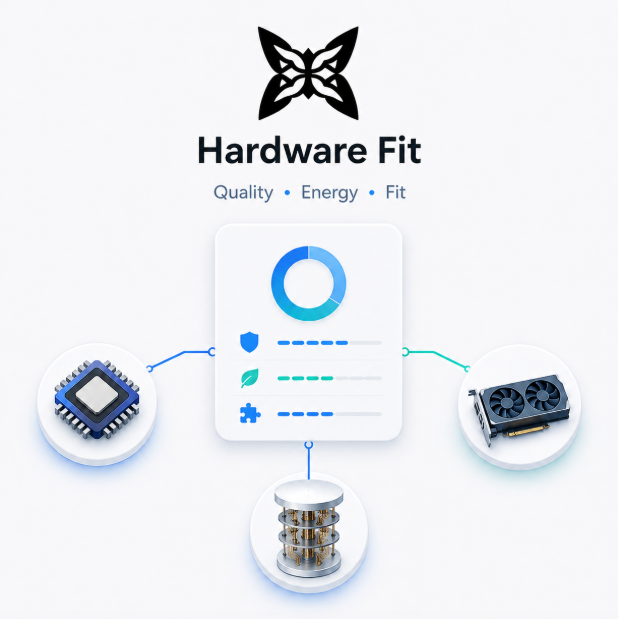 An infographic titled 'Hardware Fit' with the subtitle 'Quality • Energy • Fit' shows a central data panel connected by lines to three 3D hardware icons: a CPU chip, a quantum processor, and a GPU.