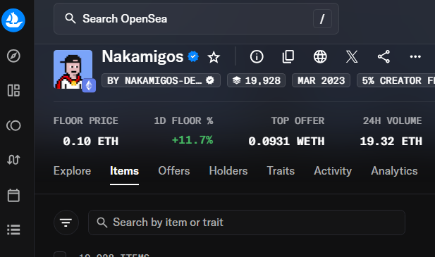 An OpenSea NFT collection page for 'Nakamigos' shows a floor price of 0.10 ETH, a 24H volume of 19.32 ETH, and a 1D floor price increase of +11.7%.
