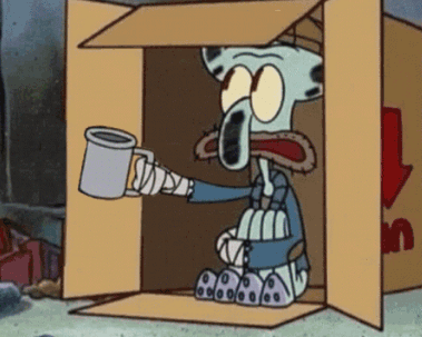 A cartoon image shows Squidward from SpongeBob SquarePants sitting in a cardboard box, looking distressed while holding a tin cup as if begging on the street. The image humorously illustrates the post's message about "begfi" being the foundation and future of Solana, with Squidward's destitute state representing a joking take on financial desperation.