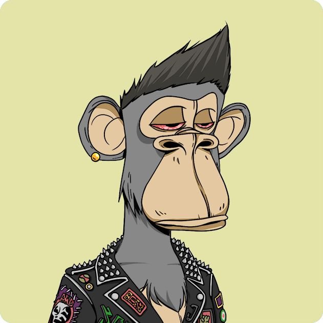 A cartoon-style NFT illustration of a bored-looking ape with a mohawk, gold earring, and a studded black leather jacket with patches on a yellow background.