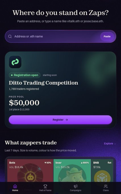 Mobile app screenshot of a crypto trading platform with the heading 'Where do you stand on Zaps?' featuring a 'Ditto Trading Competition' with a $50,000 prize pool and a 'Register' button.