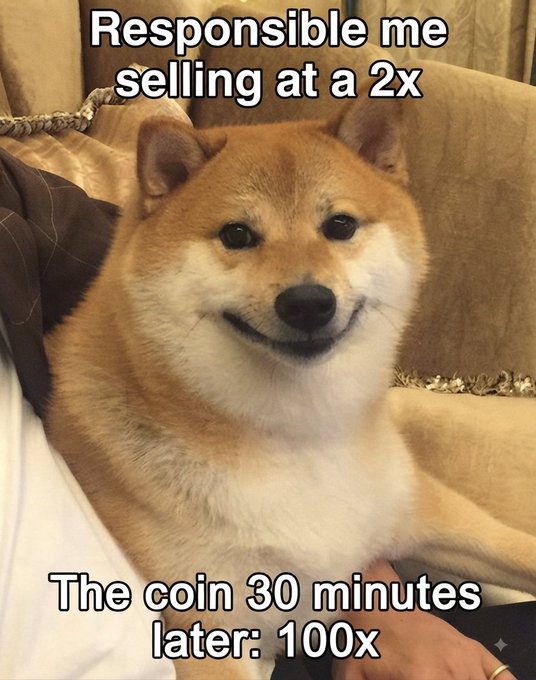 A meme featuring a smiling Shiba Inu dog with text reading 'Responsible me selling at a 2x' on top and 'The coin 30 minutes later: 100x' at the bottom.