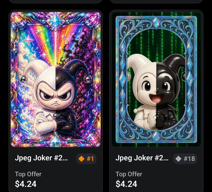Two digital NFT trading cards titled 'Jpeg Joker #2' displayed side by side, both priced at $4.24 top offer, featuring Joker-themed characters with ornate holographic borders.