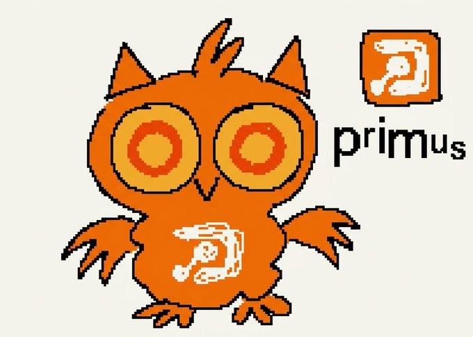 An orange cartoon owl character stands next to the text 'primus' and a music note logo, with the same music note design appearing on its belly.