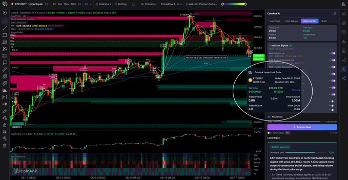 The image features a stock price chart that appears to be from the cryptocurrency market. The chart displays a downward trend over time, with Bitcoin's price decreasing and its volume remaining constant. An alert has been triggered for a large limit order placed at $15.30M bid on Binance, sitting at 65% of the maximum bid price, which is at $64,300. This level sits right at the FVG lower boundary. The image also contains a text that provides information about today's trading day and what it means in relation to Bitcoin.