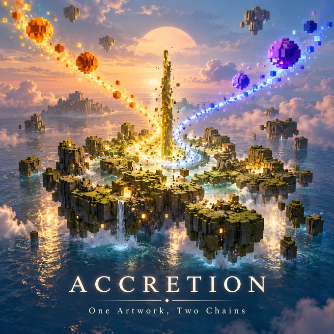 A fantasy landscape artwork titled 'ACCRETION: One Artwork, Two Chains' features a floating island with a glowing tower, surrounded by orange (Bitcoin) and purple (Ethereum) pixelated trails.