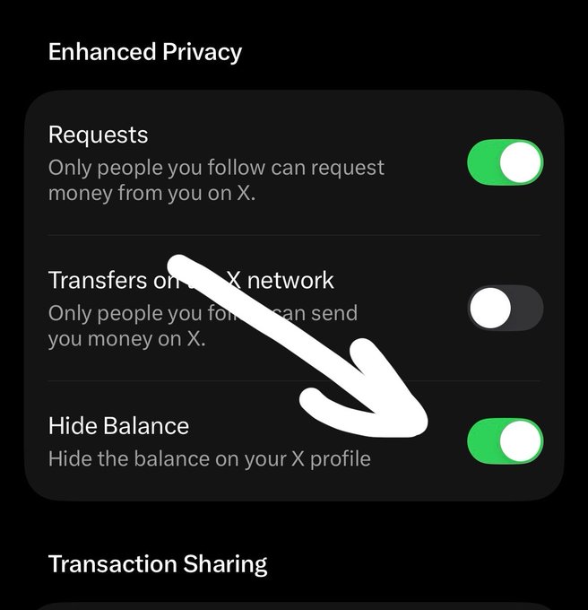 A screenshot of X (Twitter) privacy settings showing 'Enhanced Privacy' options, with a white arrow pointing to the 'Hide Balance' toggle which is switched on (green), while 'Requests' is also on and 'Transfers on the X network' is off.